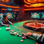 Exciting high-stakes poker gameplay at a luxurious casino table with digital interfaces connected to vip88 com.
