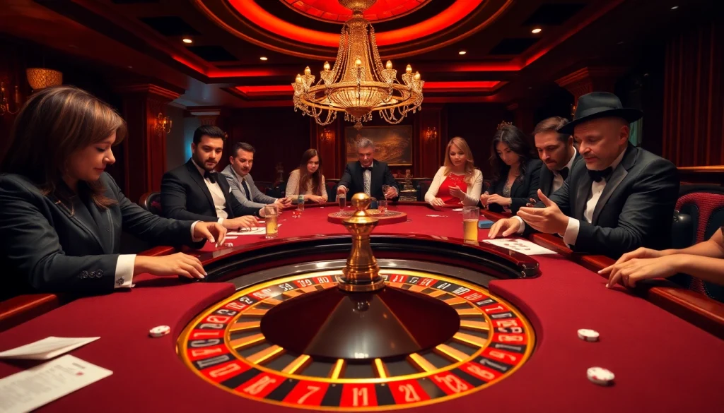 Gamblers immerse in the excitement of RR88 at a roulette table, with chips and a dealer.
