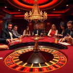 Gamblers immerse in the excitement of RR88 at a roulette table, with chips and a dealer.