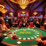 Experience thrilling gameplay at 68VIP casino, featuring poker chips and vibrant slot machines in a luxurious setting.