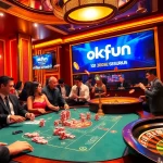 Players engaging intensely in a poker game at Okfun's luxurious casino.