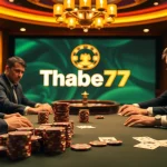 Thrilling poker game at a luxurious Thabet77 casino table showcasing professional gameplay.