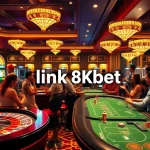 Excited gamblers enjoying a vibrant casino scene with the keyword link 8kbet in a stylish digital betting interface.