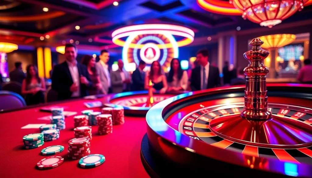 Players engaging in thrilling games at https://go88.talk/ with vibrant poker chips and roulette excitement.