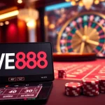 WE88 online casino scene showcasing poker chips, cards, and a dynamic roulette wheel.