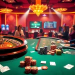 LUCK8 casino scene with players engaged in gaming, chips, and roulette wheel.