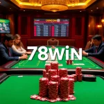 78win players enjoying high-stakes poker at an elegant casino table with vibrant chips and cards