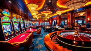 A thrilling gaming experience at 789club featuring lively poker tables and vibrant slot machines.