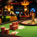 SODO Casino tables featuring poker chips and illuminated roulette wheel create an exciting gaming atmosphere.
