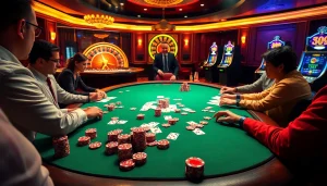 Players engage in an intense poker game at a luxurious casino, highlighting 99 ok betting excitement.