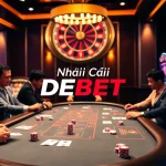 Engaging players at Nhà Cái DEBET poker table, showcasing luxury and excitement.