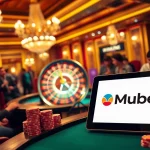Mubet logo on an online gambling interface in a vibrant casino scene with players engaged in poker and roulette.