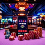 IWIN68 app showcased on a luxurious casino table with rich colors and active players.