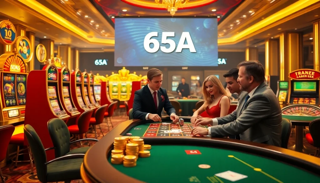 A thrilling casino scene with players enjoying games at 65A, featuring slot machines and poker tables.
