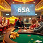 A thrilling casino scene with players enjoying games at 65A, featuring slot machines and poker tables.