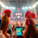 Experience the excitement of live betting at sv368win.live with vibrant visuals of a chicken fighting match.