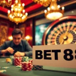 Experience excitement at BET88 with poker players and roulette wheel in a vibrant casino.