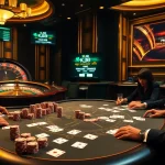 KJC poker players strategizing at an elegant casino table with high-stakes chips and cards.