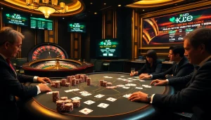 KJC poker players strategizing at an elegant casino table with high-stakes chips and cards.