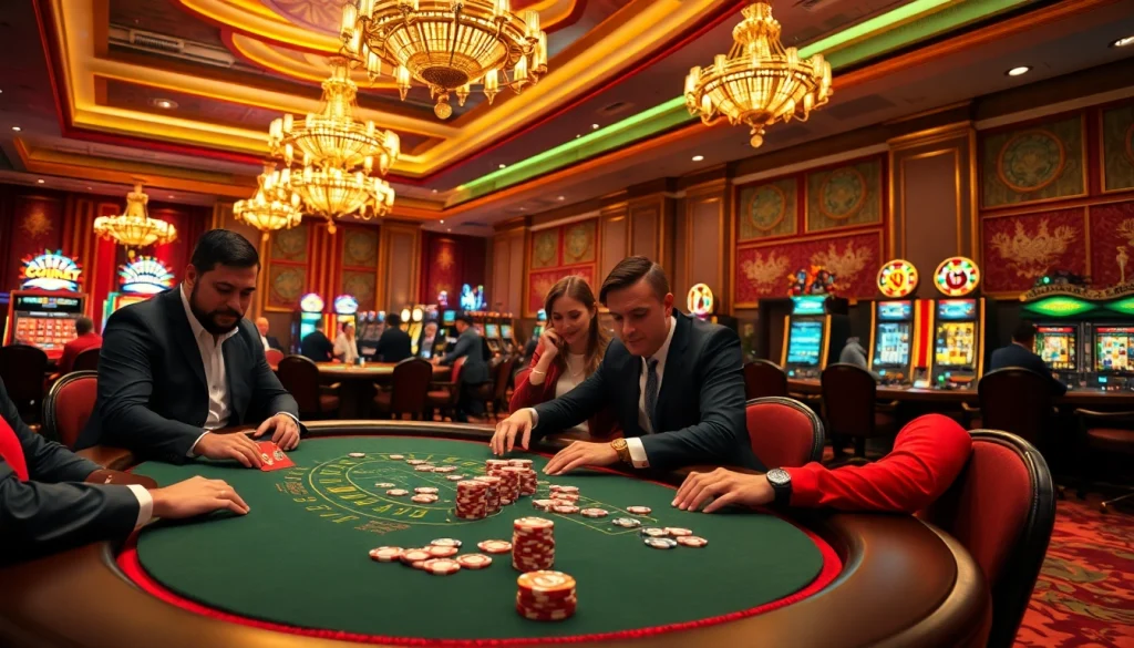 Exciting scene of professional gamblers at az 888 poker table with vibrant casino atmosphere.