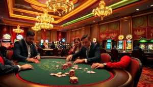 Exciting scene of professional gamblers at az 888 poker table with vibrant casino atmosphere.