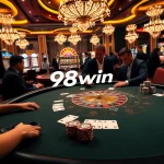 Engaging blackjack players at a high-stakes table featuring 98win vin branding for an exhilarating casino experience.