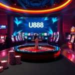 Experience the thrill of U888 gambling with a vibrant casino scene showcasing dice and poker chips.