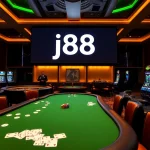 Engaging players at the j88 casino table with vibrant poker chips and cards in action.