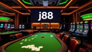 Engaging players at the j88 casino table with vibrant poker chips and cards in action.