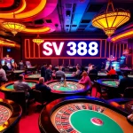 Action-packed SV 388 gaming scene showcasing poker tables and vibrant casino atmosphere.