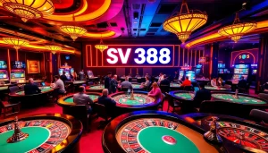 Action-packed SV 388 gaming scene showcasing poker tables and vibrant casino atmosphere.