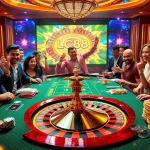 Players enjoying lively gameplay at an LC88-themed casino table with vibrant colors.