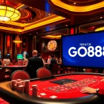 Gambling professionals enjoy action-packed tables at Nhà Cái GO88 casino, showcasing cards and chips.