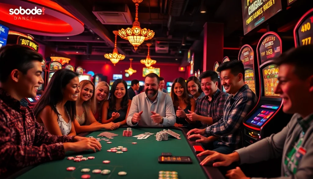 Exciting online betting scene showcasing sbobet.dance with players at poker, sports betting, and slots.