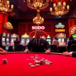 SODO CASINO poker players engage in an exciting game surrounded by vibrant slot machines.