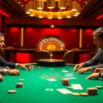 NK88 poker scene with players, colorful chips, and a luxurious roulette wheel, highlighting excitement.