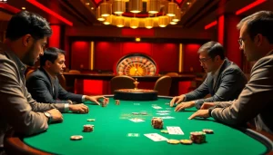 NK88 poker scene with players, colorful chips, and a luxurious roulette wheel, highlighting excitement.