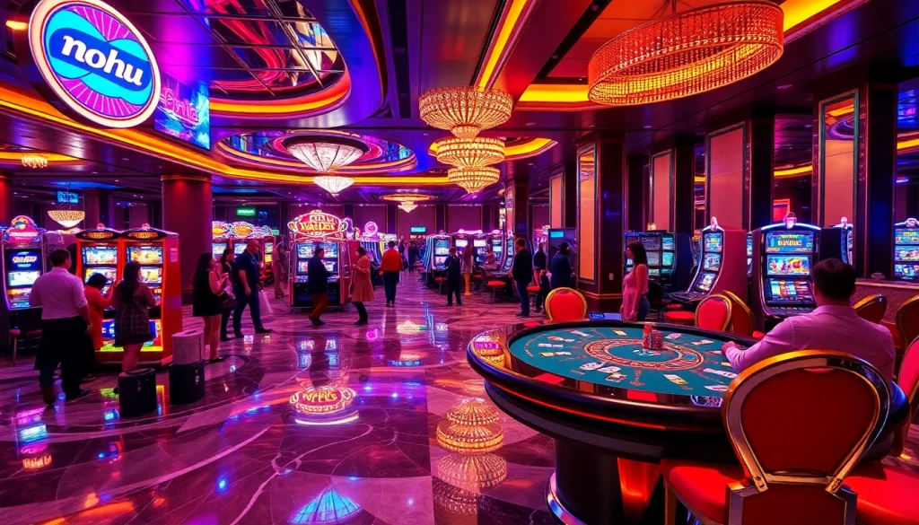 Nohu gameplay excitement with vibrant slot machines and lively poker tables in a luxurious casino setting.
