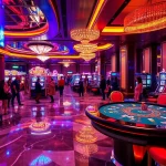 Nohu gameplay excitement with vibrant slot machines and lively poker tables in a luxurious casino setting.