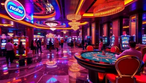 Nohu gameplay excitement with vibrant slot machines and lively poker tables in a luxurious casino setting.
