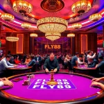 FLY88 showcases players in an upscale casino environment, focusing on high-stakes poker gaming.