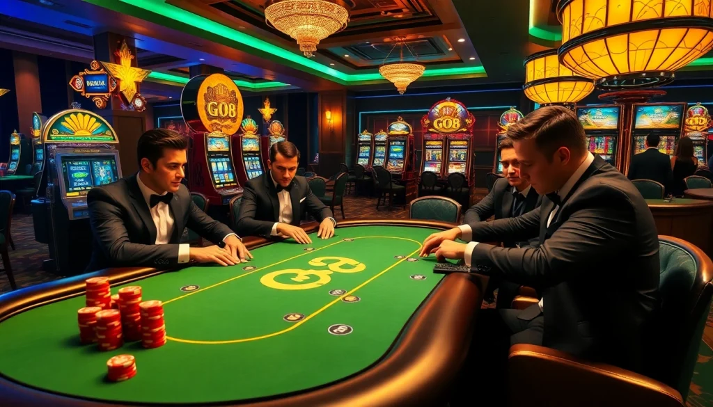 Players enjoying an exhilarating poker game at a Go8 branded casino table with vibrant slot machines.