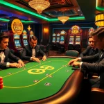 Players enjoying an exhilarating poker game at a Go8 branded casino table with vibrant slot machines.
