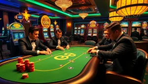 Players enjoying an exhilarating poker game at a Go8 branded casino table with vibrant slot machines.