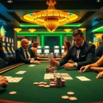 Players engaged in a high-stakes poker game at a luxurious casino showcasing sun win excitement, with vibrant atmosphere and chips.
