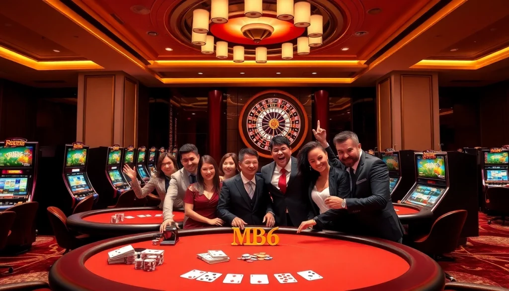 Experience a thrilling moment at MB66 casino with players engaging at poker tables and vibrant slot machines.