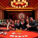 Experience a thrilling moment at MB66 casino with players engaging at poker tables and vibrant slot machines.