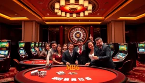 Experience a thrilling moment at MB66 casino with players engaging at poker tables and vibrant slot machines.