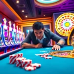 Experience the adrenaline of 33WIN trang chủ with a vibrant casino scene featuring poker chips, cards, and a roulette wheel.