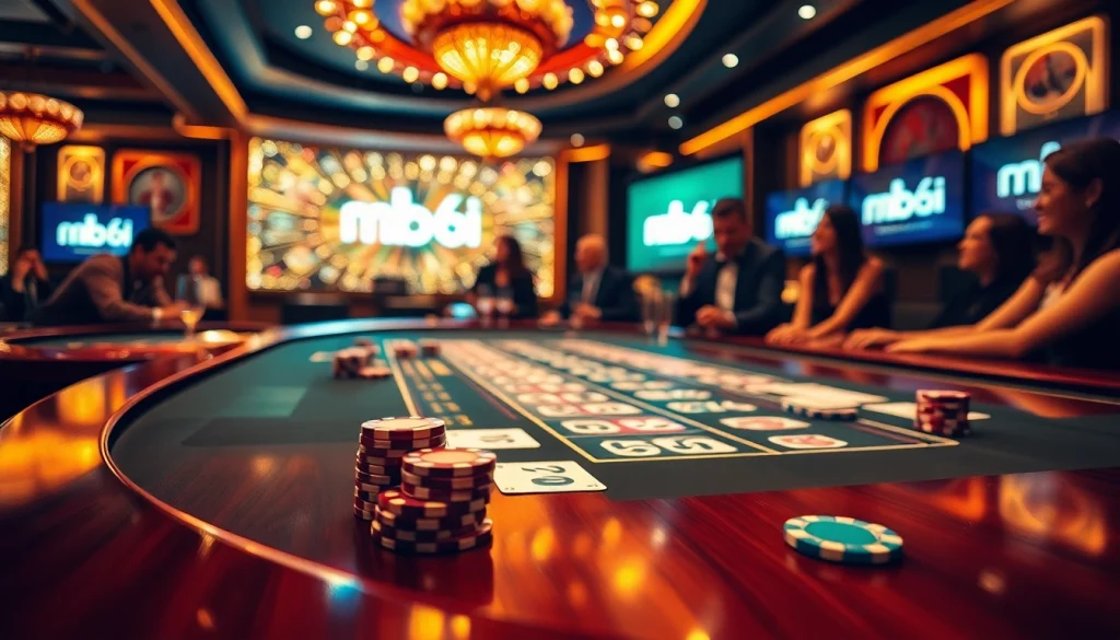 Players enjoying their time at mb66.ski with a vibrant casino scene, engaging with roulette and poker games.